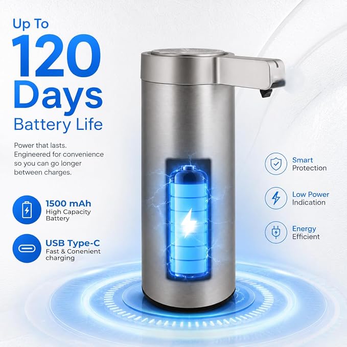 Automatic Soap Dispenser Touchless Liquid Soap Dispenser 9.1 oz/270ml 3-Level Adjustable Stainless Steel 0.2s Fast Sensor USB Type-C Rechargeable Bathroom Kitchen Hotel Hand Soap Dispenser