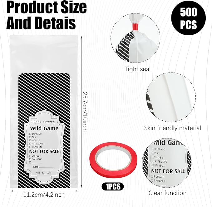 Yeaqee 500 Pcs Ground Beef Freezer Bags Wild Game Freezer Bags with Pinstripe Tape Hamburger Meat Packaging for Meat Processors Storing Supplies