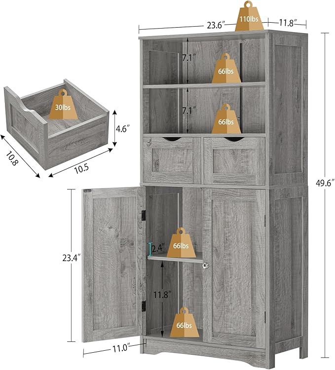 Iwell Storage Cabinet with 2 Drawers & Adjustable Shelf, Tall Bathroom Cabinet with Doors, Cupboard, Kitchen Cabinets for Living Room, Dining Room, Entryway, Grey