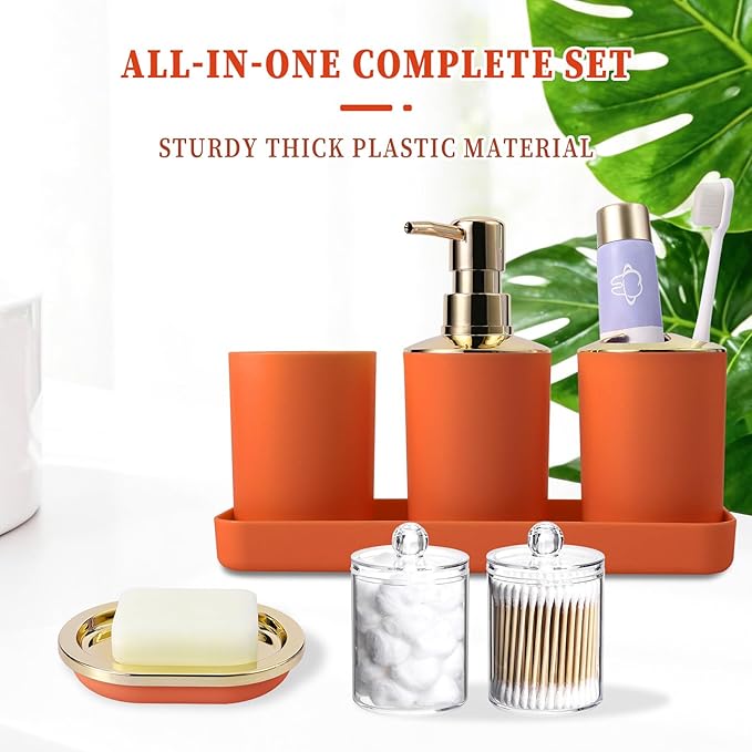 BSSN Orange Bathroom Accessories Set, Luxurious 9-Piece Bath Decor Set with Trash Can, Toilet Brush, Gold Pump Soap Dispenser, Multi-Slot Toothbrush Holder, Qtip Jars, Vanity Tray and Tumbler Cup