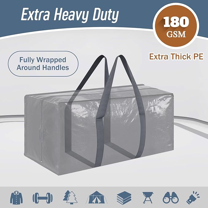 6 Pack Extra Heavy Duty Large Moving Bags with Strong Zipper, Gray | Comfortable Handles, Sturdy & Durable Clothes Storage Bags Totes Bins, Blue Packing Moving Boxes for College Supplies