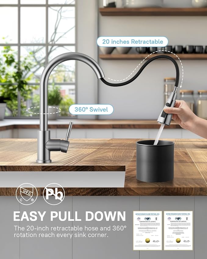 WEWE Pull-Down Kitchen Sink Faucet, 3-Mode Spray, 1-Hole, Brushed Nickel | Stream & Spray & Pause Modes, 20" Pull Down Hose, SUS304 Stainless Steel, 500k Cycle Ceramic Cartridge, Tool-Free Twist-Lock