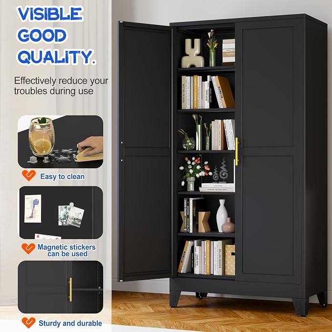 GAIOUS 79" Tall New Update Kitchen Pantry Cabinet, Metal Storage Cabinet | with 2 Doors and 5 Adjustable Shelves, Steel Cupboard for Kitchen Dining Bathroom Bedroom, Black, Freestanding, Wider Deeper