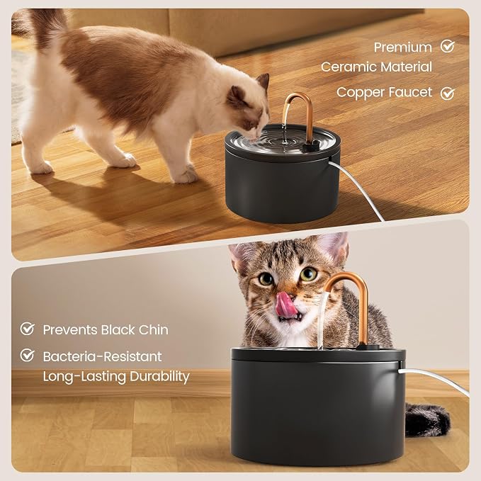 MISFANS Ceramic Cat Water Fountain, All-Ceramic Body, Pure Copper Spout | 2.1L/71oz Capacity, Under 20dB Pump, Dual Filtration, Faucet and Fountain Modes, Easy-Clean Unit, 3 Filters and Sponge, Black