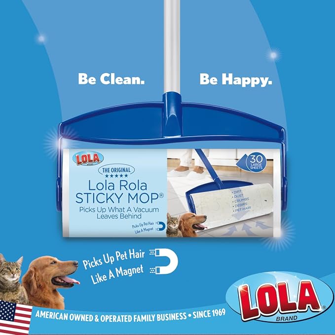 LOLA Rola Sticky Mop Refills, Giant Adhesive Roller, 180 Sheets, Traps Dirt, Dust & Hair, Pet Hair Remover, Floor & Carpet Cleaner, 18 Pack