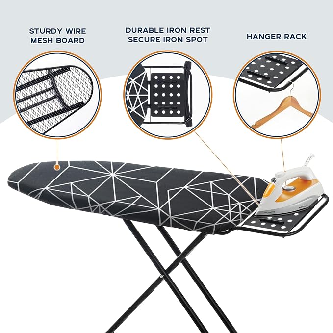 RAINHOL Ironing Board 43x13, Compact Iron Board Full Size with Heavy Duty Iron Rest, Thick Padded Cover, Adjustable Height, Sturdy Lightweight Steel Legs, Black