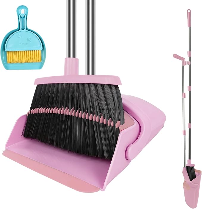 Broom with Dustpan Set & Mini Hand Broom and Dustpan, Pink 51" Long Handle Upright Cleaning Combo with Self-Cleaning Teeth for Pet Hair, Home, Kitchen, Office