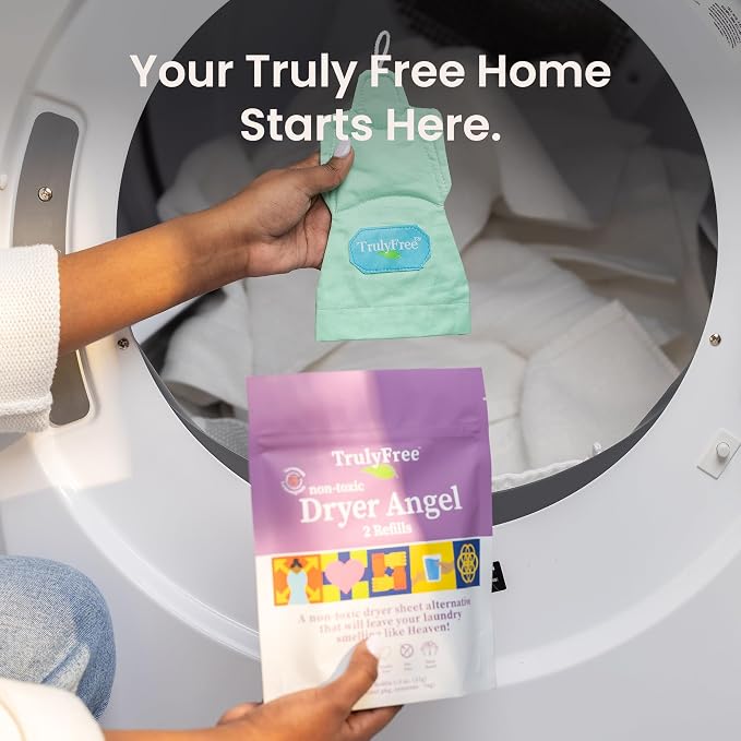 Truly Free Dryer Angel - Natural Dryer Sheet Alternative, Non-Toxic Reusable Fabric Softener Sheets and Scent Booster, Safe for Babies and Sensitive Skin - 1 Empty Reusable Scent Boost Pouch + 2 Fills