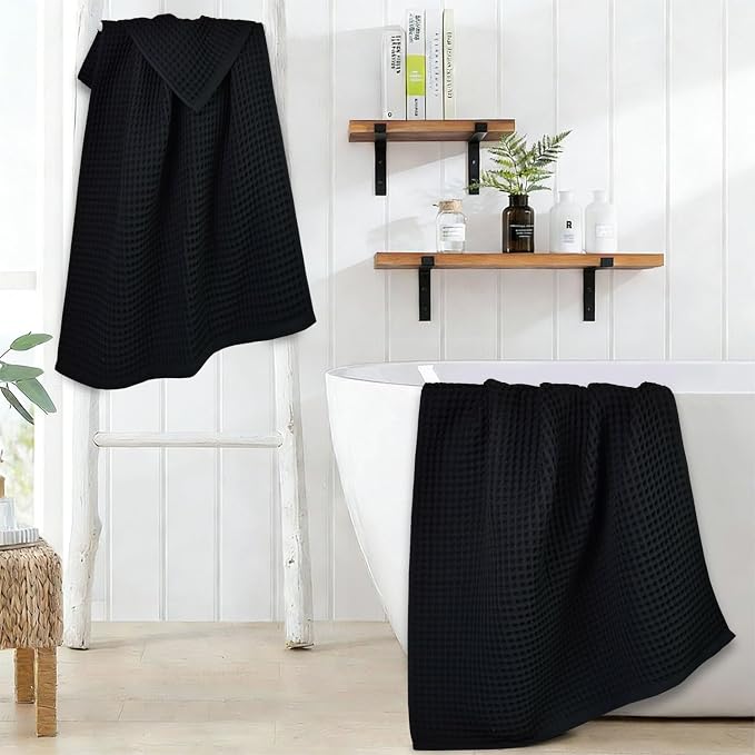 Jacquotha Waffle Bath Towel Set of 2 (Black) - Cotton, Thin, Low Lint | 31” x 62” Soft Bath Towels for Bathroom, Shower, Pool & Beach