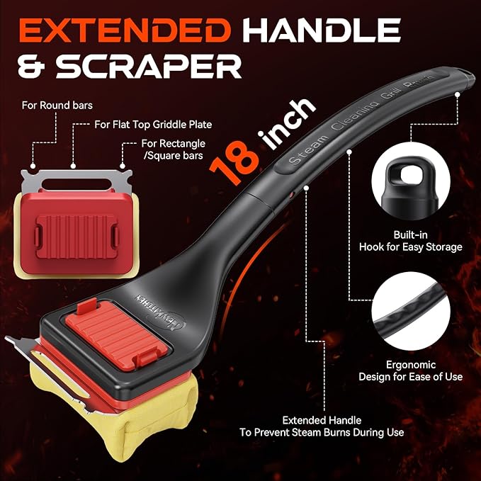 NEWKITCHEN Grill Brush Bristle-Free Steam Replaceable Cleaning Head [No Handle]，Heat-Resistant Kevlar Head with Grill Scraper, Safe Barbecue Grill Cleaning Head for All Grill Types
