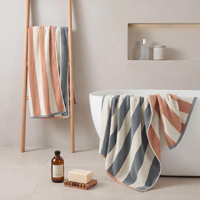 REDKISS 2 Pack Extra Large Striped Bath Towels, 31 x 63 Inches, 100% Cotton, Larger & Quicker to Dry, Super Soft and Highly Absorbent Towel, Perfect for Bathroom, Grey