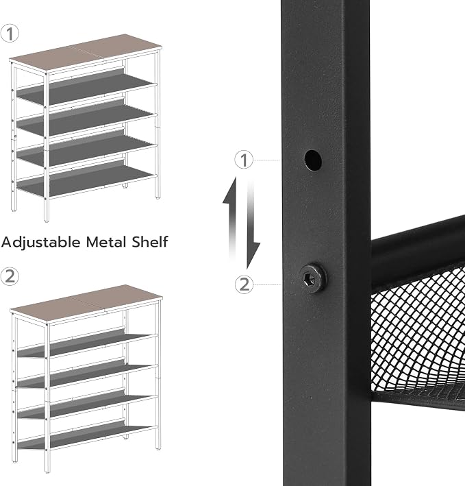 HOOBRO Shoe Rack for Entryway, 5-Tier Shoe Organizer with Adjustable Mesh Shelves, 16-20 Pairs of Shoes, Spacious Floor Mount, Metal, Industrial, Shoe Shelf for Closet, Greige BG12XJ01