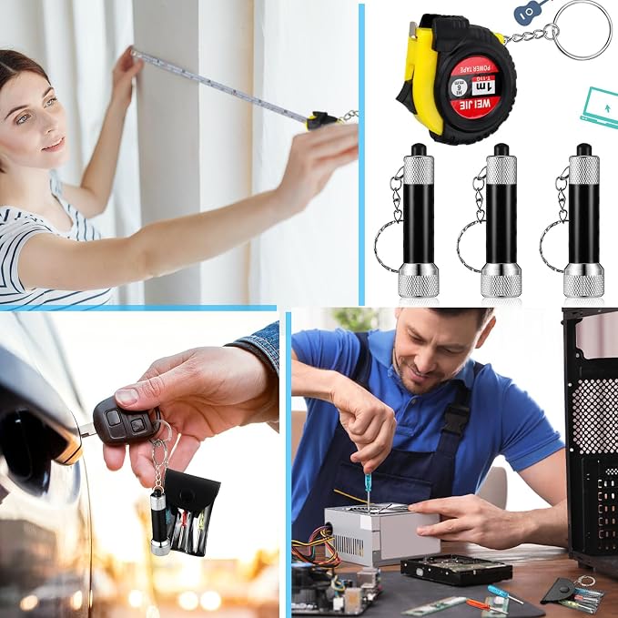 Jutom 48 Pcs Mini Tape Measure Keychain Screwdriver LED Light Keychain Bulk Men Adult Tool Party Gifts Prize for Man Father's Day Housewarming Gifts Adult Useful Tool Favors (Black)