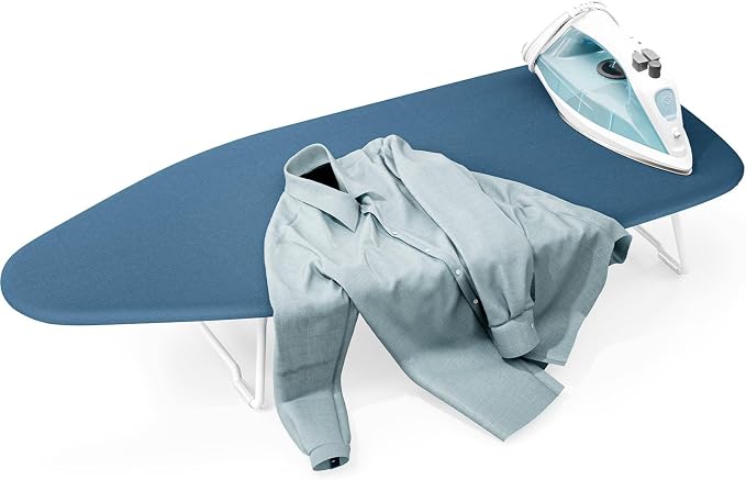Small Ironing Board top with Heat Resistant Cover, Compact Mini Ironing Board with Metal mesh Frame,for Dorm,Apartment and Travel, Hook for Hanging, Iron Board, Iron Table Stand 12”×30” Pure Blue