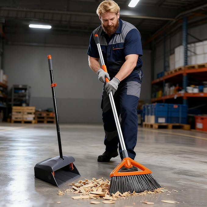 CLEANHOME Heavy Duty Broom with Dustpan Combo Set Indoor and Outdoor Dual Purpose,Stiff Bristle Commercial Angle Broom and Standing Dust Pans with Long Handle for Sweeping Home,Kitchen,Yard,Grey