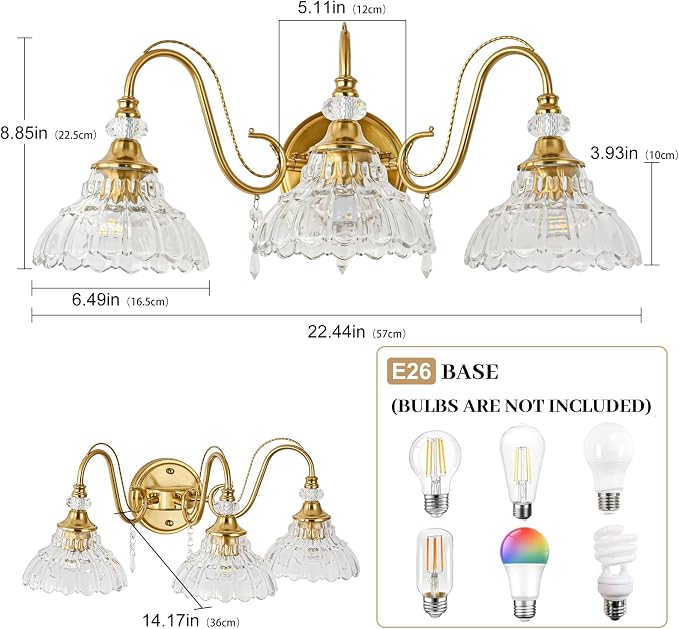 Vintage Bathroom Vanity Light, 3-Light Brushed Gold Finish Wall Sconce with Hanging Crystal Accents and Flower-Shaped Clear Glass Shades, Retro Wall Mount Vanity Light Over Mirror for Bathroom