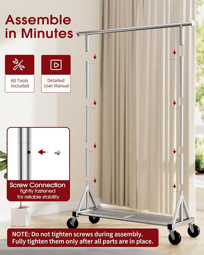 Sakugi Heavy Duty Stainless Steel Rolling Clothes Rack with Mesh Shelf, Lockable Wheels & Anti-Slip Stoppers, Large Capacity Clothing Organizer for Bedroom, Laundry Room, 42.5" x 16.5" x 65.9", Silver