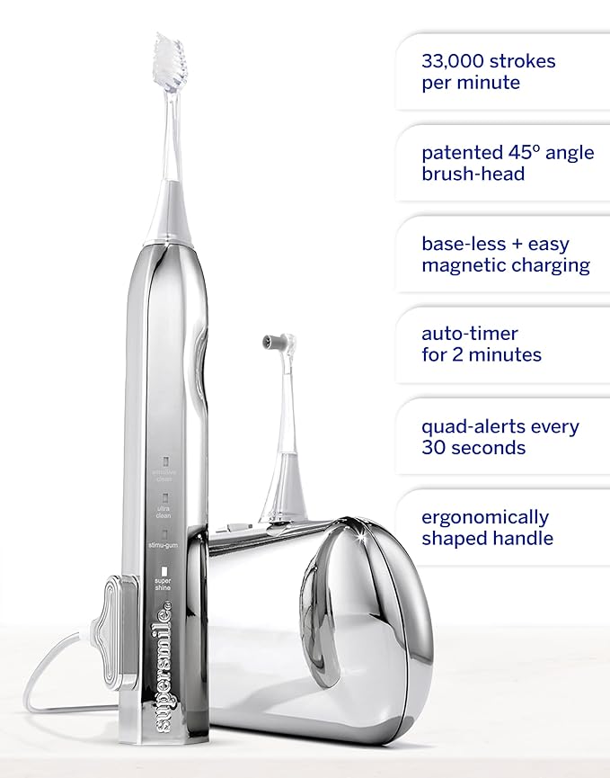 Supersmile Zina45™ Deluxe Sonic Pulse Toothbrush – Rechargeable Electric Brush with Angled Head & Travel Case – for Whiter Teeth and Healthier Gums, Silver