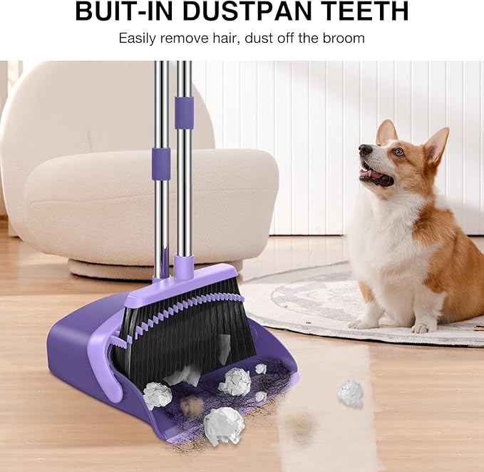 NACENA Broom and Dustpan Set, 52-in Long Adjustable Handle Broom Dustpan Combo with Dust pan Teeth to Automatically Clean Hair Suitable for Home Kitchen Office Hall Floor (Purple), 2 Pack