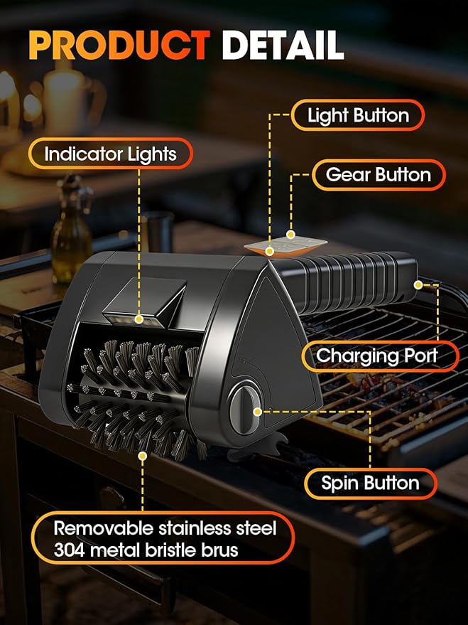 Electric Grill Brush, Built-in LED BBQ Cleaner with 29W High Torque Motor, 2-Speed Hard Scrubbing Cordless Grill Cleaner (Black)