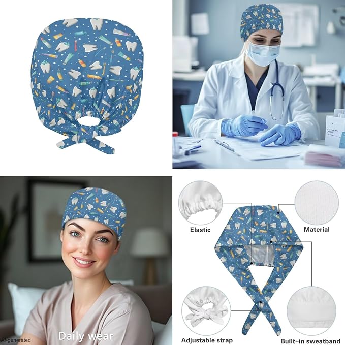 Gomyblomy Women's Scrubs Suit 3-Piece Set | Teeth Print V-Neck Top & Pants & Cap, Breathable and Stretch Fabric, S-5XL