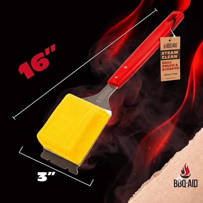 Bristle Free Steam Grill Brush and Scraper for Outdoor Grill, Red | 100% replaceable steam scrub pad, built-in scraper, grill cleaner; no shedding, safe for all grill grates