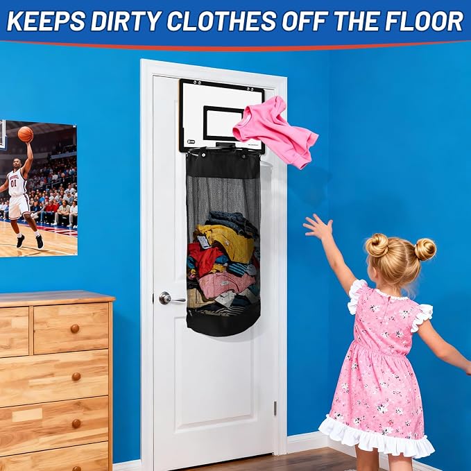 Basketball Hamper, 2-in-1 Wooden Laundry Basket for Boy/Teens/Bedroom | Hanging Dirty Clothes Storage Hamper with Basketball Hoop & Zipper for Space Saving, Over the Door, Dorm Bathroom Use