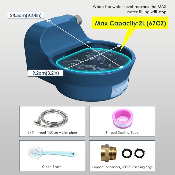 Patented Automatic Dog Water Dispenser, 2L Dog Water Bowl Dispenser Fit 3/4''GHT Faucet, Outdoor Automatic Water Dispenser for Dogs Chicken Waterer, Accessories Included: Water Hose, Copper Connector