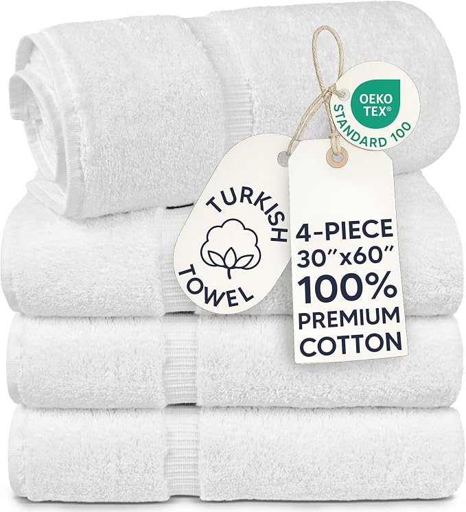Chakir Turkish Linens 4 Piece Extra Large Bath Towels, 100% Cotton Luxury Turkish Towels for Bathroom, Soft Absorbent Bath Towels, 30 x 60 Inches, White