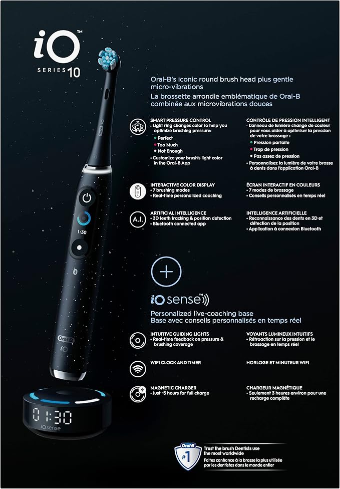 Oral-B Rechargeable Electric Toothbrush, iO10 Ultimate Clean, 7 Cleaning Modes, Interactive Display, iSense Charger, Charging Travel Case, 4 Brush Heads, Rechargeable Toothbrush, Black
