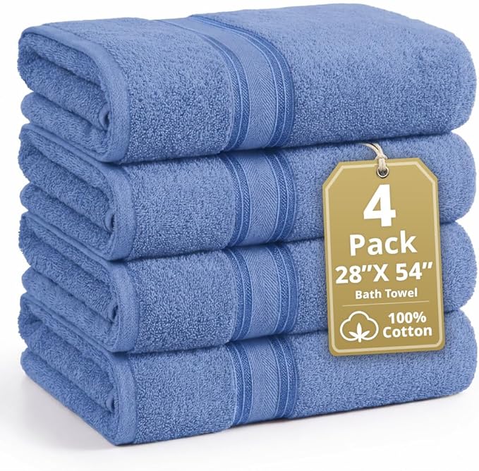 LANE LINEN 100% Cotton 4 Pack Bath Towels (28"x54") - Zero Twist, Mercerized Cotton Bathroom Towels Set - Quick Dry, Soft & Absorbent Large Bath Towels - Machine Wash in Cold Water - Cerulean Blue