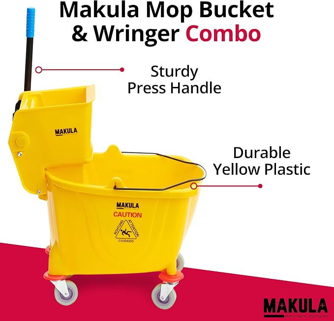 Makula Commercial Mop Bucket with Wringer, 36 Qt Heavy Duty Janitor Mop Bucket with Wheels, Side Press Wringer Combo, Industrial Cleaning Bucket for Restaurants, Schools & Commercial Floors