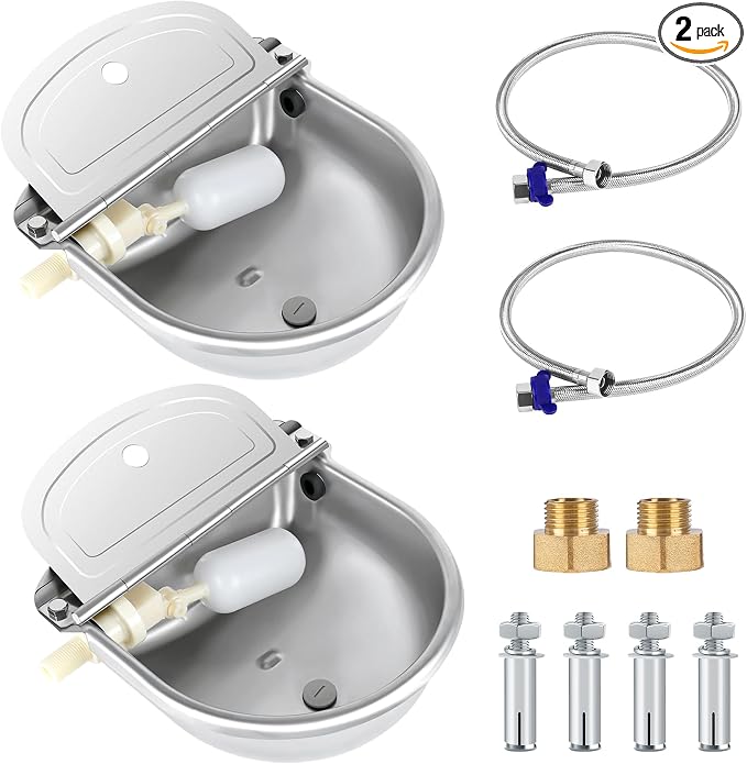 ToLanbbt 2PCS Automatic Animal Dispenser Horse Water Bowl with Float Valve Stainless Steel Goat Waterer Feeder Outside Water Trough for Livestock Auto Fill Dog Water Bowl with 1/2" Hose, Drainage Hole