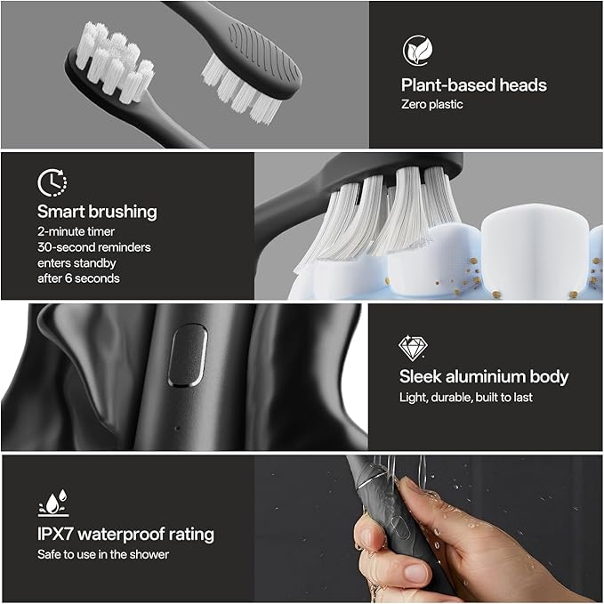 Oday Rechargeable Electric Toothbrush for Adults with Wall Mounted UV-Cleaning Tooth Brush Protector Case and 4 Brush Heads, Smartimer, IPX7 Waterproof, 1 Month+ Battery, Sleek Aluminum Body Black