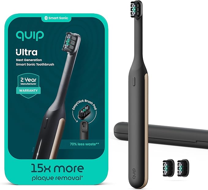 Quip Ultra Next Generation Smart Toothbrush - Timed Electric Toothbrush with Case - Replaceable Brush Head, Soft Bristles, Silicone Handle, 30-Day Battery Life - Travel Toothbrush - Eclipse