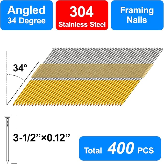 34-30 Degree Framing Nails,3-1/2 Inch, 400-Pack | 304 Stainless Steel, D Head, Smooth Shank, Paper Tape Strip, For 30 to 34 Degree Framing Nailer