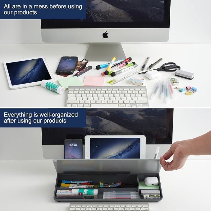 TSJ OFFICE Desktop Whiteboard Dry-Erase-Board - Computer Keyboard Stand White Board Surface Pad with Drawer, Desk Organizers with Accessories for Office, Home, School Supplies - Complete Grey