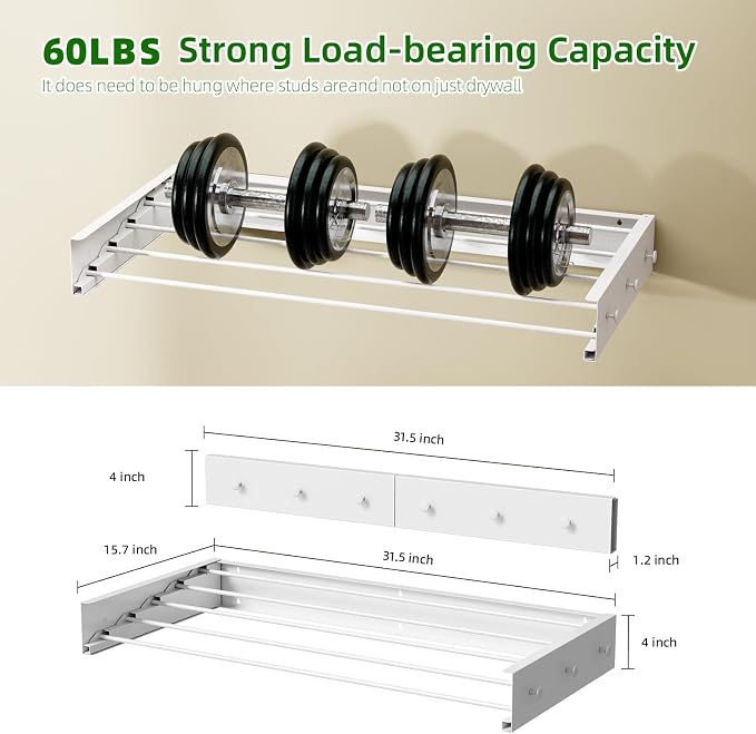 BAKON Wall Mounted Drying Rack 32'', Hidden Clothes Drying Rack for Indoor | Space Saving for Balcony Laundry Room Small Space, 60lbs Capacity, 6 Towel Hooks and 5 Rods, Invisible,Heavy Duty Metal