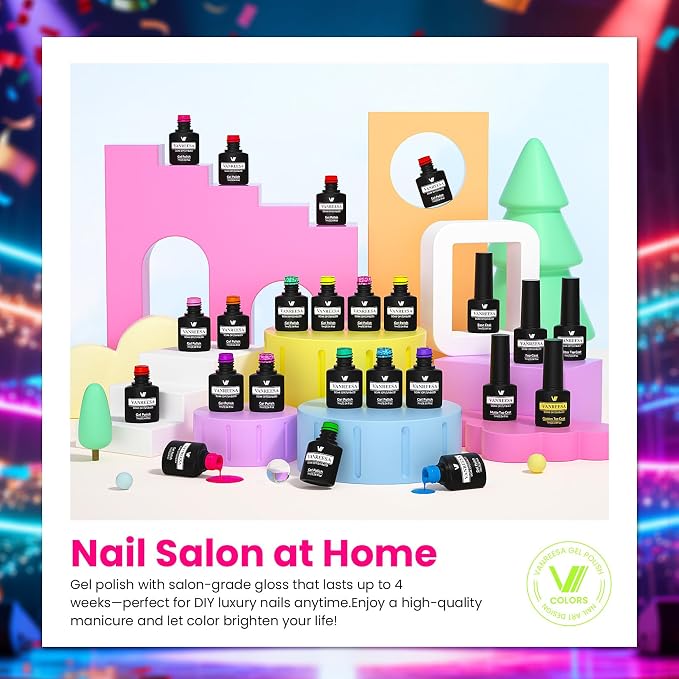 VANREESA 24 Pcs Neon Gel Nail Polish Set -Bright Summer Colors Gel Polish with Base Coat & 4 Effects of Top Coat Bright Yellow Orange Pink Red Green Blue Purple Gel Polish Set Nail Kit Gifts for Women