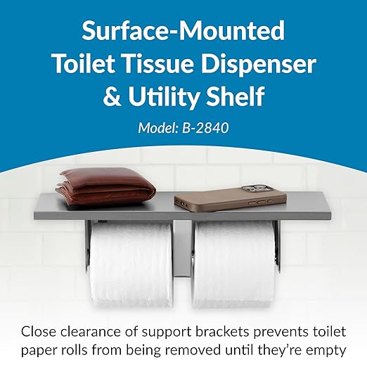 Bobrick Toilet Tissue Dispenser with Utility Shelf, Surface-Mounted, Satin-Finish Stainless Steel, Holds Two Standard Rolls, Dual Roll Capacity, Ideal for Commercial Restrooms (Model B-2840)