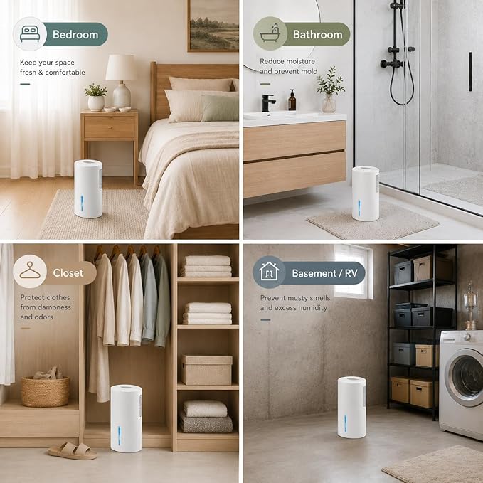 Small Dehumidifier for Bedroom up to 1000 Sq.Ft with Drain Hose, 68 OZ, Auto Shut-Off, Mini Dehumidifier with 7 Color ambient Lights for Bathroom, Basement, Closet, Garage, RV