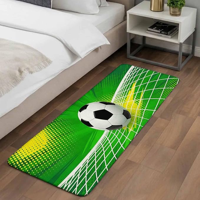 Green Football Bathroom Runner Rugs Non Slip Washable Absorbent Narrow Long Bath Mat Soccer Ball Goal Net Vibrant Runner Rugs for Kitchen Hallway Bedroom Laundry Study Room 31.5"x63"