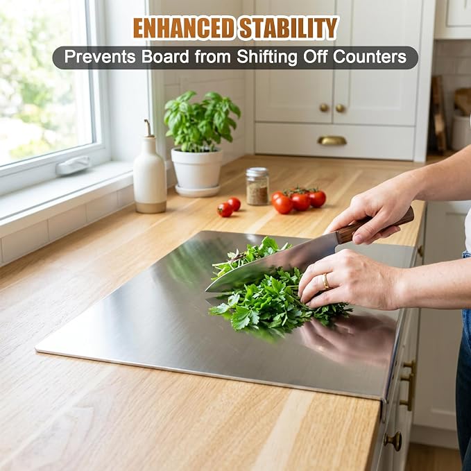 Stainless Steel Cutting Board with Lip, Non Toxic Kitchen Countertop Stainless Steel Cutting Board, Dishwasher Safe Metal Chopping Board for Meat, Fruits, Vegetables, Baking (40 x 30cm/15.7 x 11.8 in)