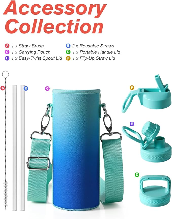 Coolflask Water Bottle 24 oz Insulated with Straw, Stainless Steel Metal 3 Lids Water Flask Wide Mouth for Sports or Office, Non-BPA Keep Cold Up to 48 Hrs or Hot Up to 24 Hrs, Pacific Prince