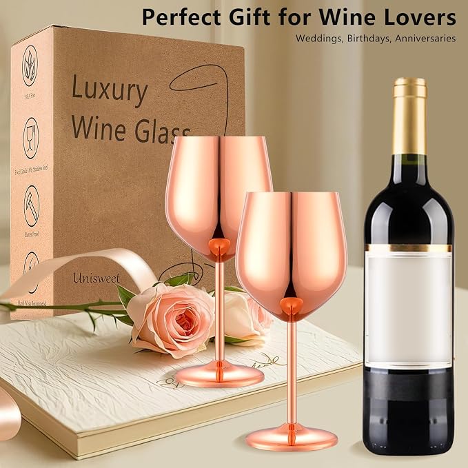 UNISWEET Unbreakable Stainless Steel Wine Glasses Set of 2, Rose Gold | 17oz Unique Fancy Metal Wine Goblets, Shatterproof, Ideal for Outdoor, Camping, Travel, Pool, Great Gift for Wine Lovers