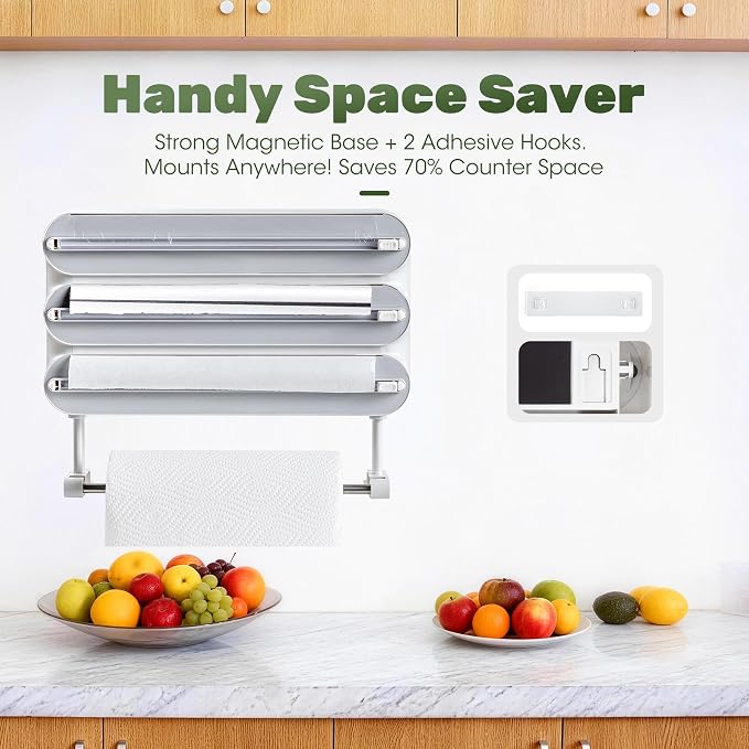 Aluminum Foil & Plastic Wrap Dispenser with Cutter - Magnetic & No-Drill Wall Mount, Cling Film Dispenser with Paper Towel Holder, Space-Saving 4-in-1 Kitchen Organizer - Fits 12" Roll, White