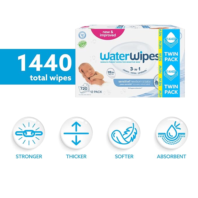 WaterWipes Sensitive+ Newborn & Baby Wipes, 3-In-1 Cleans, Cares, Protects, 99.9% Water, Unscented & Hypoallergenic, 60 Count (Pack of 24)