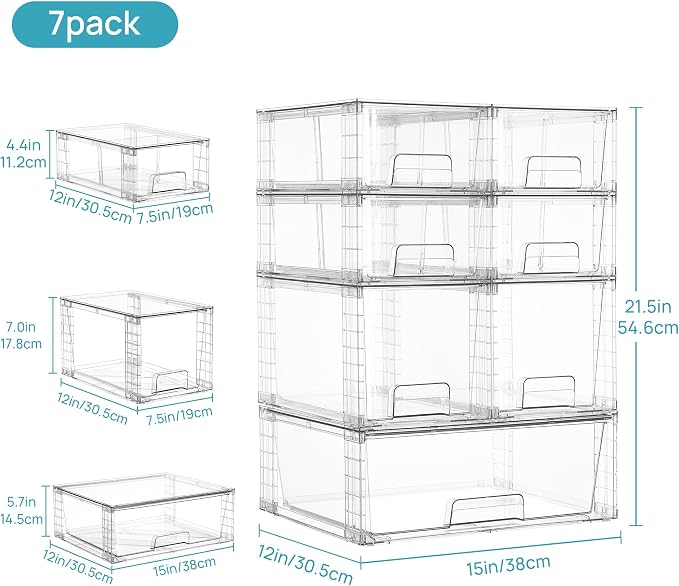 Vtopmart 7 Pack Stackable Storage Drawers, Easily Assemble Clear Plastic Organizer Bins, Storage Drawer Set for Pantry and Kitchen Cabinet Organization, Bathroom or Closet Storage