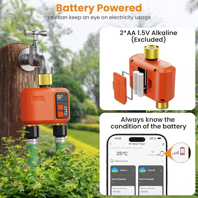 WiFi Water Timer for Garden Hose 2‑Zone, Smart Hose Timer with 984ft Long‑Range & Strong Wall‑Penetration, APP & Control,Voice Control, Rain Delay & Manual Mode, Brass Inlet & Outlet