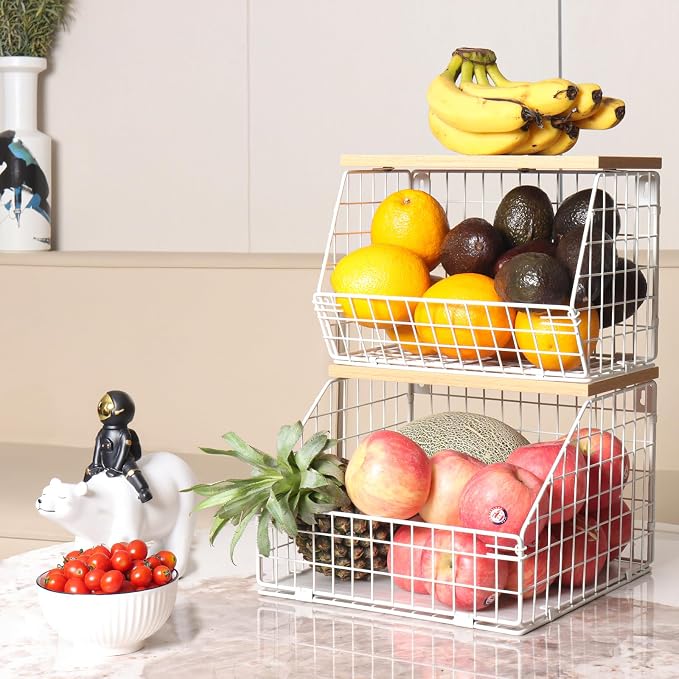 Mefirt White Fruit Bowl, 2-Tier Fruit Basket for Kitchen Counter, Stackable Wall Mounted Veggie Storage, Snack Organizer, Potato and Onion Storage Basket, Hanging Pantry Organizer with Wood Lid, 2 Set